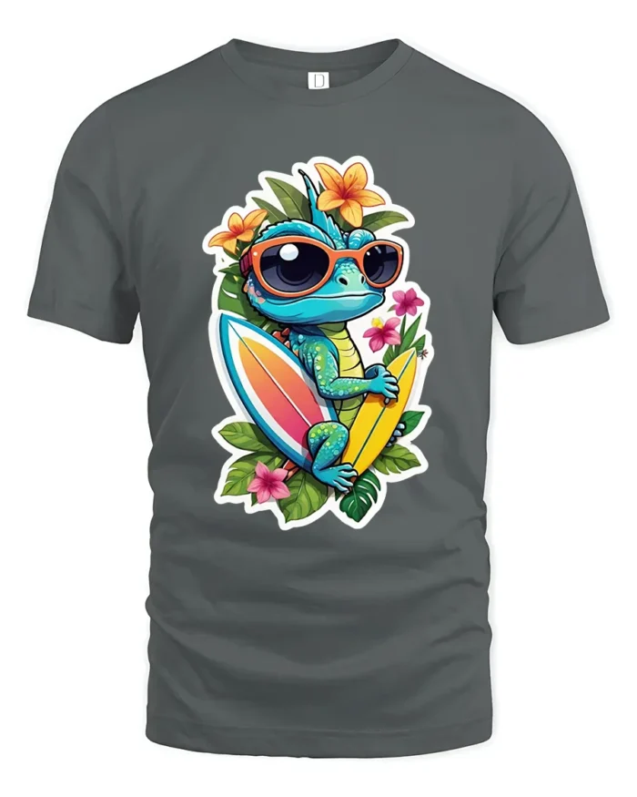 Tropical Lizard Surf T-Shirt Summer Beach Tee - gray t-shirt on white background