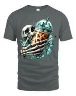Skull Iced Coffee Funny Skeleton Drink T-Shirt - gray t-shirt on white background