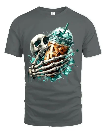 Skull Iced Coffee Funny Skeleton Drink T-Shirt - gray t-shirt on white background