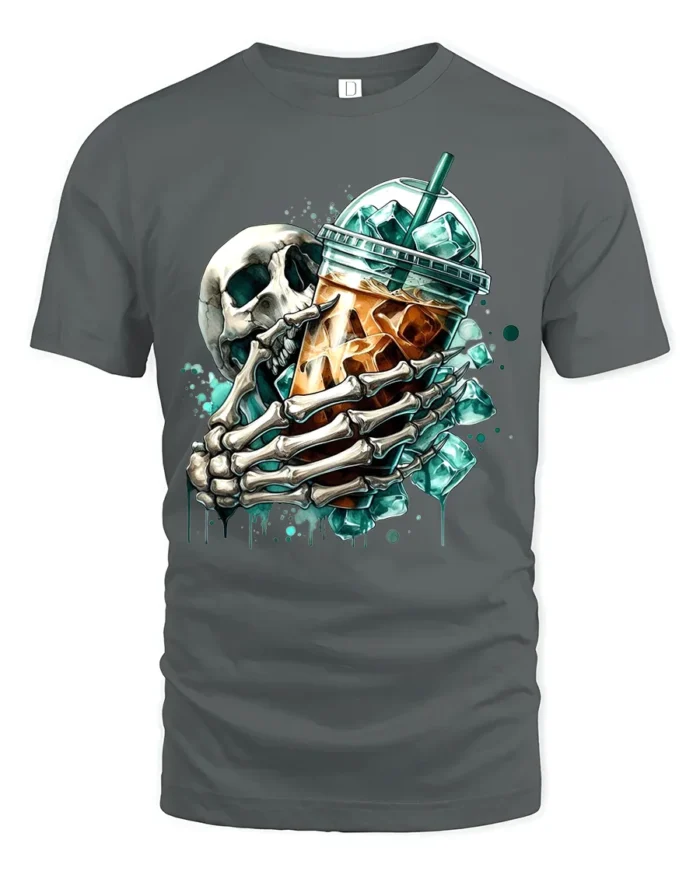 Skull Iced Coffee Funny Skeleton Drink T-Shirt - gray t-shirt on white background