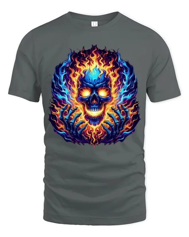Burning Skull Hands T-Shirt Edgy Fire Skull Tee - gray t-shirt on white background