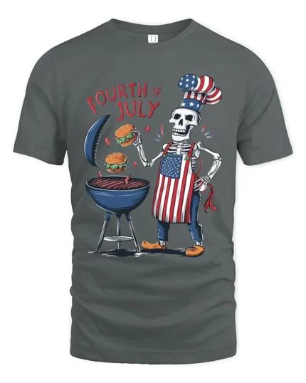 Skeleton BBQ T-Shirt Funny 4th of July Grill Tee - gray t-shirt on white background