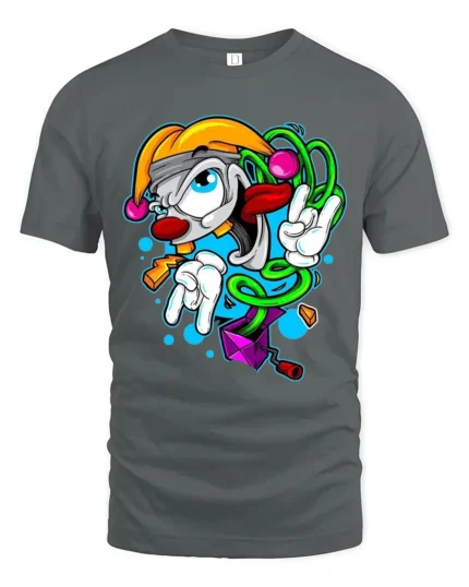Groovy Clown T-Shirt Cool Cartoon Peace Sign Tee - gray t-shirt on white background