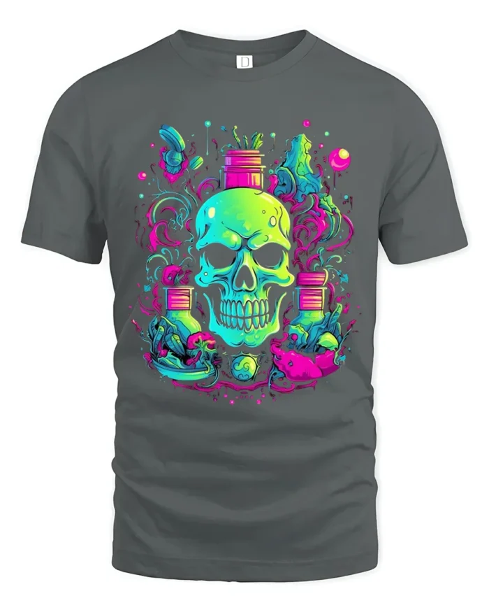 Neon Skull Garden T-Shirt Vibrant Skull Plant - gray t-shirt on white background