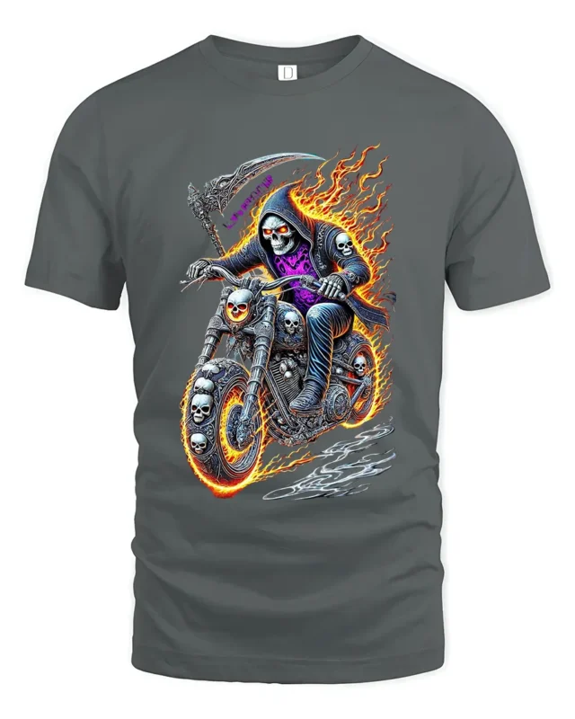 Reaper Rider Flaming Skull Motorcycle T-Shirt - gray t-shirt on white background