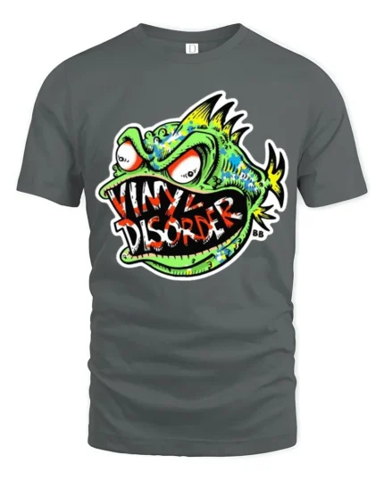 Vinyl Disorder Fish Funny Angry Fish T-Shirt - gray t-shirt on white background