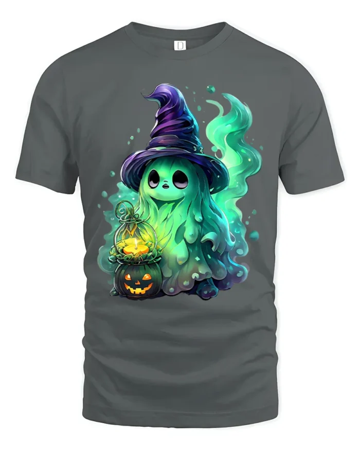 Cute Witch Ghost Funny Halloween Spirit T-Shirt - gray t-shirt on white background