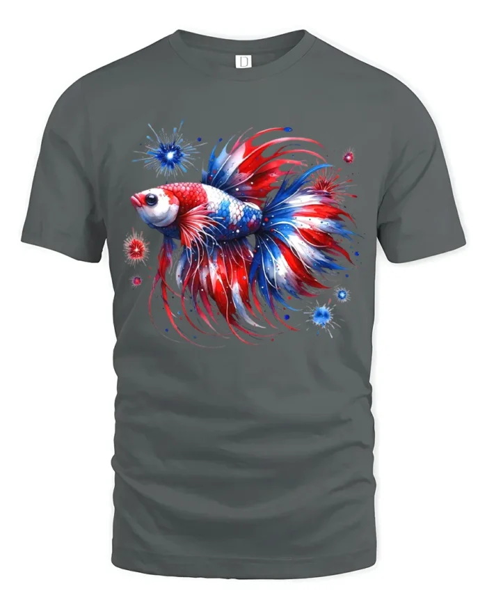 Red White Blue Fish T-Shirt American Betta Tee - gray t-shirt on white background