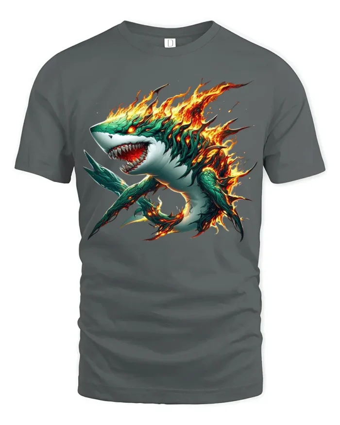 Fire Shark Cool Flaming Shark T-Shirt Graphic - gray t-shirt on white background