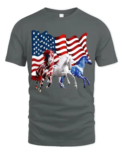 USA Flag Horses Patriotic American Pride T-Shirt - gray t-shirt on white background