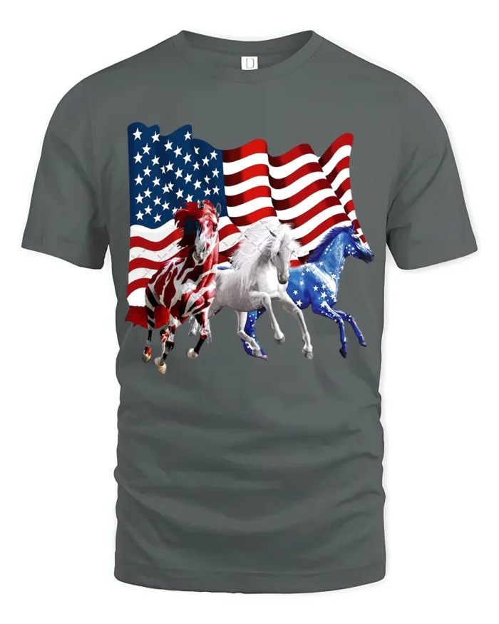 USA Flag Horses Patriotic American Pride T-Shirt - gray t-shirt on white background