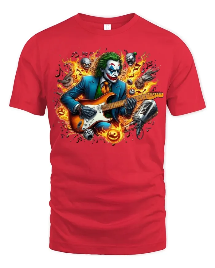 Joker Guitar Hero Funny Villain Music T-Shirt - red t-shirt on white background
