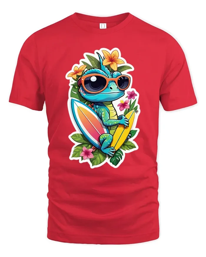 Tropical Lizard Surf T-Shirt Summer Beach Tee - red t-shirt on white background