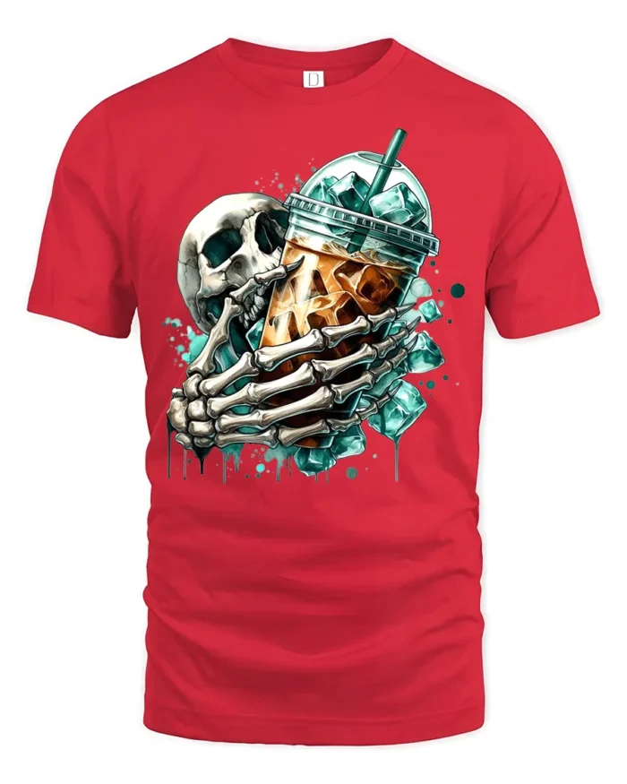 Skull Iced Coffee Funny Skeleton Drink T-Shirt - red t-shirt on white background