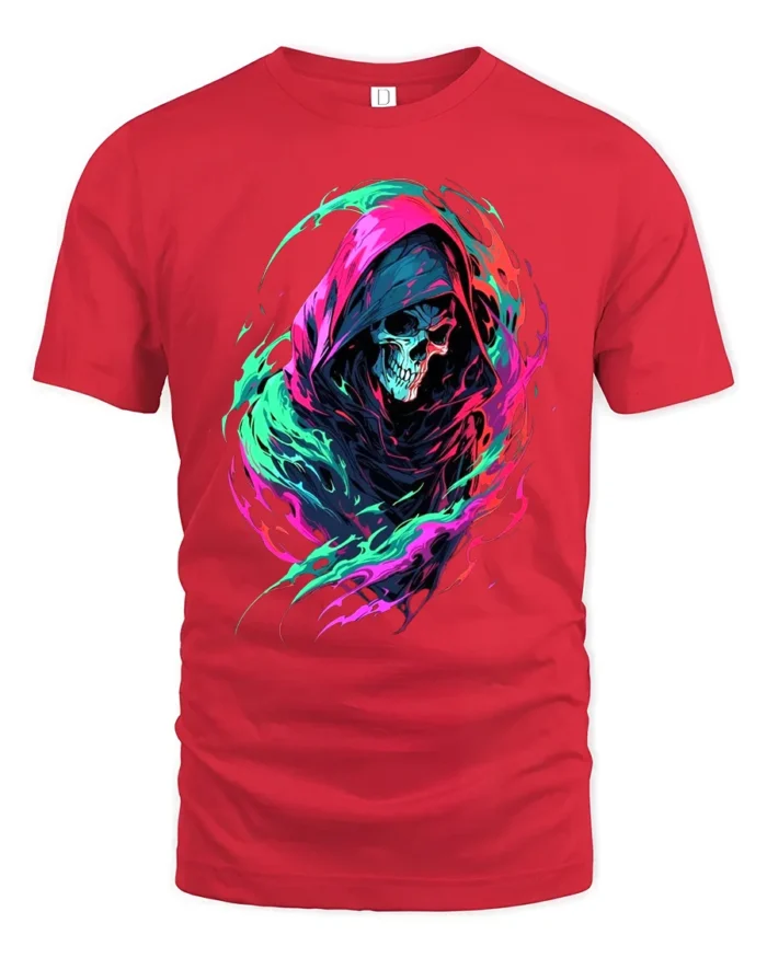 Neon Reaper Colorful Grim Reaper Graphic T-Shirt - red t-shirt on white background