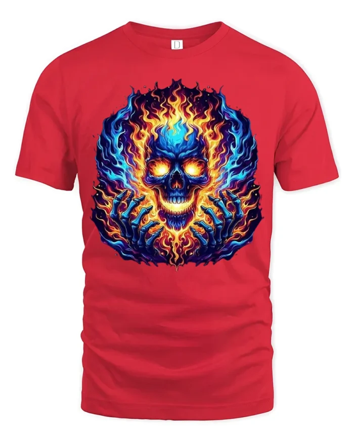 Burning Skull Hands T-Shirt Edgy Fire Skull Tee - red t-shirt on white background