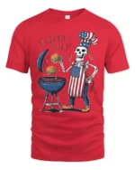 Skeleton BBQ T-Shirt Funny 4th of July Grill Tee - red t-shirt on white background