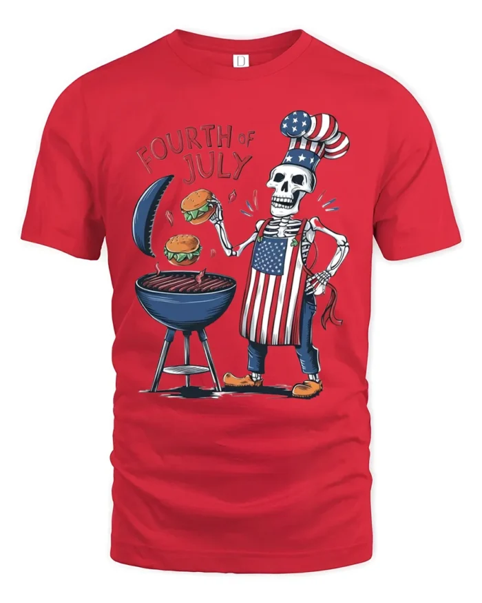 Skeleton BBQ T-Shirt Funny 4th of July Grill Tee - red t-shirt on white background