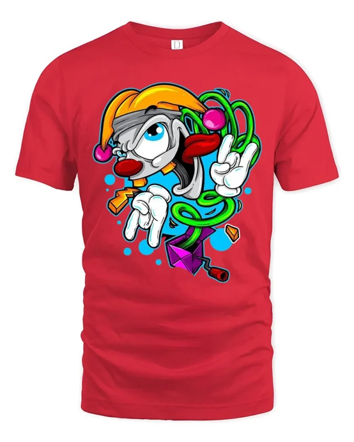 Groovy Clown T-Shirt Cool Cartoon Peace Sign Tee - red t-shirt on white background