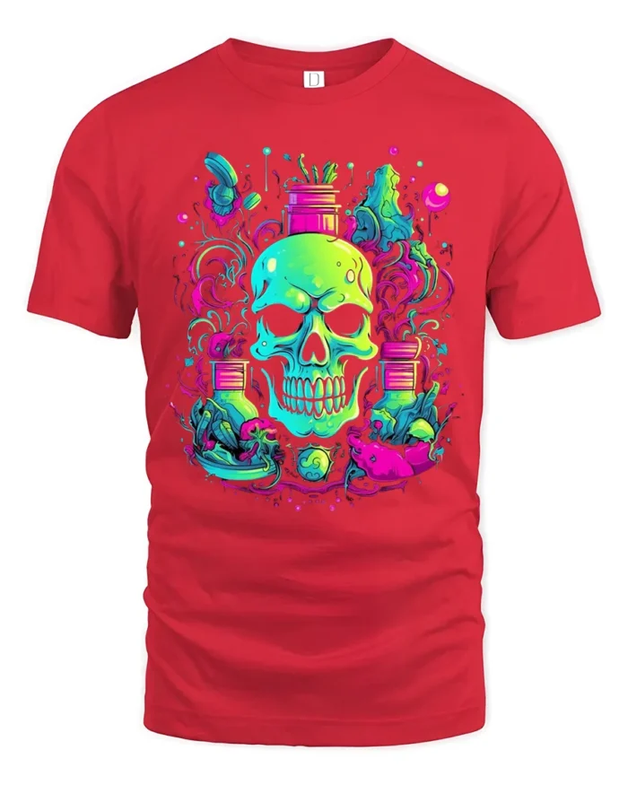 Neon Skull Garden T-Shirt Vibrant Skull Plant - red t-shirt on white background