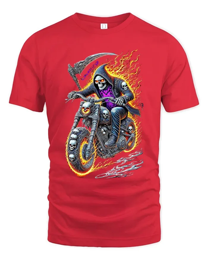Reaper Rider Flaming Skull Motorcycle T-Shirt - red t-shirt on white background