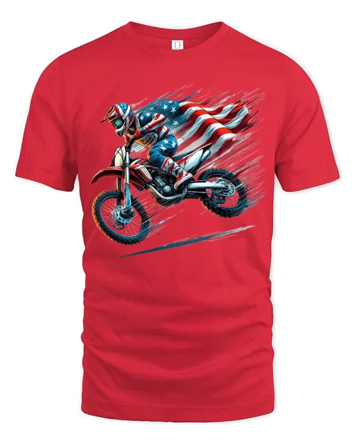 American MX Rider T-Shirt Dirt Bike Flag Tee - red t-shirt on white background