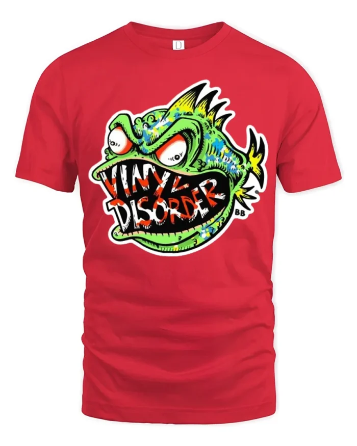 Vinyl Disorder Fish Funny Angry Fish T-Shirt - red t-shirt on white background