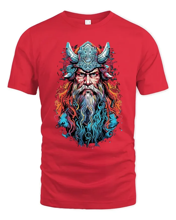 Viking Warrior Colorful Norse Mythology T-Shirt - red t-shirt on white background