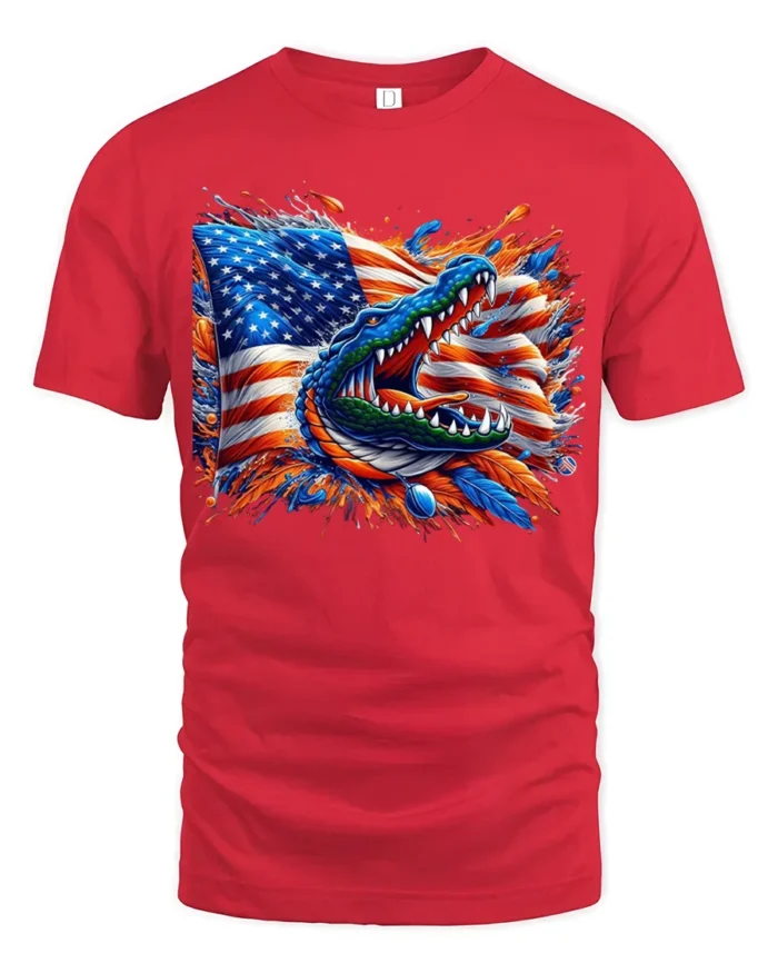 American Gator Tee Patriotic Alligator Flag T-Shirt - red t-shirt on white background