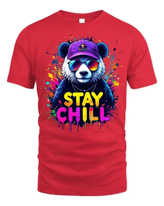 Stay Chill Panda T-Shirt Relaxed Bear Tee Now - red t-shirt on white background