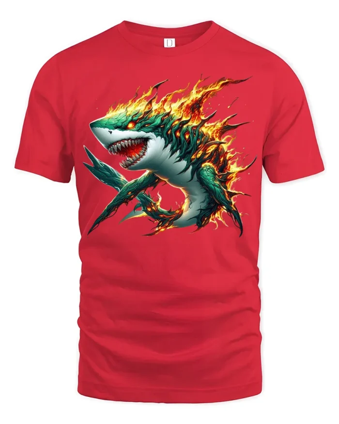 Fire Shark Cool Flaming Shark T-Shirt Graphic - red t-shirt on white background