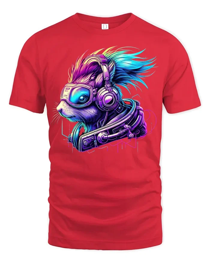 Cyber Squirrel Futuristic Animal Graphic T-Shirt - red t-shirt on white background