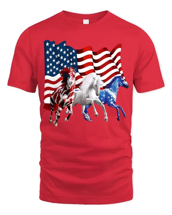 USA Flag Horses Patriotic American Pride T-Shirt - red t-shirt on white background