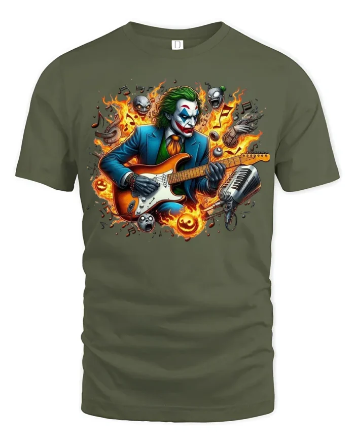 Joker Guitar Hero Funny Villain Music T-Shirt - military green t-shirt on white background