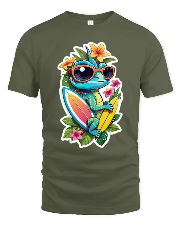 Tropical Lizard Surf T-Shirt Summer Beach Tee - military green t-shirt on white background
