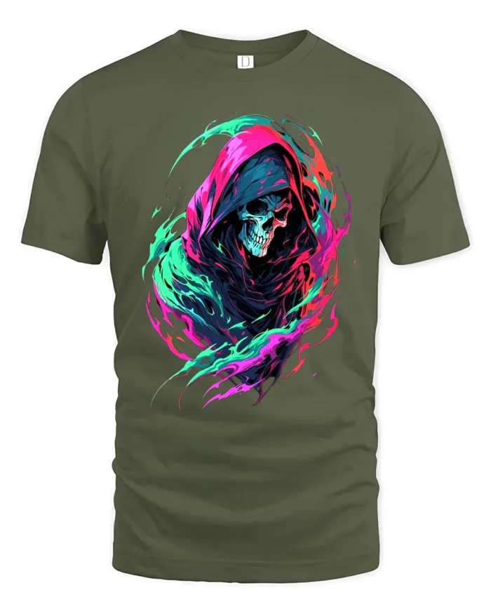 Neon Reaper Colorful Grim Reaper Graphic T-Shirt - military green t-shirt on white background