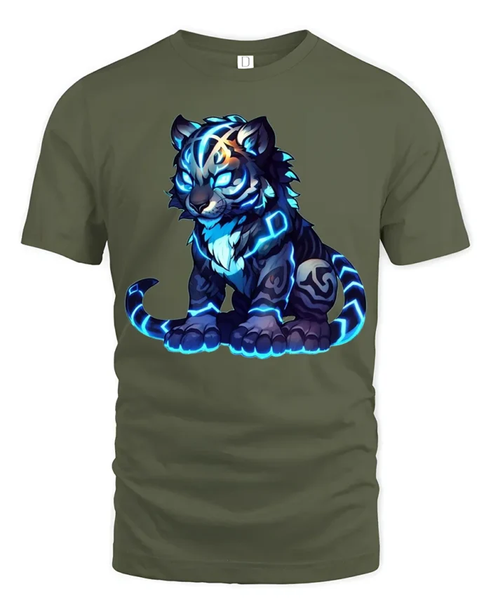 Electric Tiger T-Shirt Cool Futuristic Cat - military green t-shirt on white background