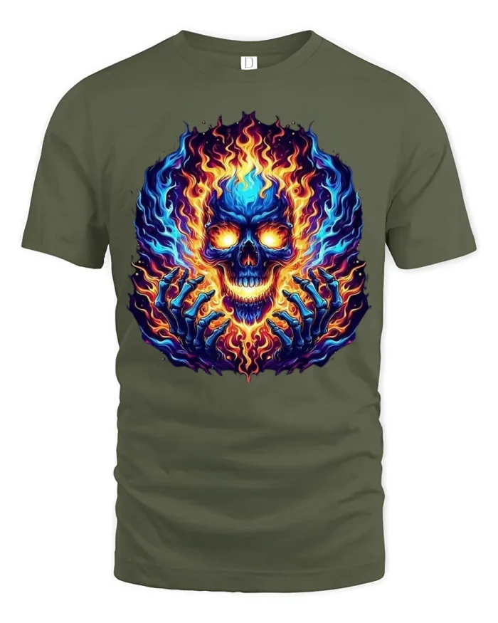 Burning Skull Hands T-Shirt Edgy Fire Skull Tee - military green t-shirt on white background