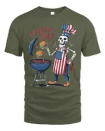 Skeleton BBQ T-Shirt Funny 4th of July Grill Tee - military green t-shirt on white background