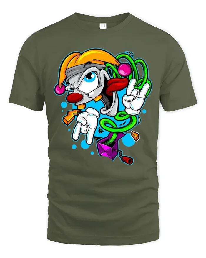 Groovy Clown T-Shirt Cool Cartoon Peace Sign Tee - military green t-shirt on white background
