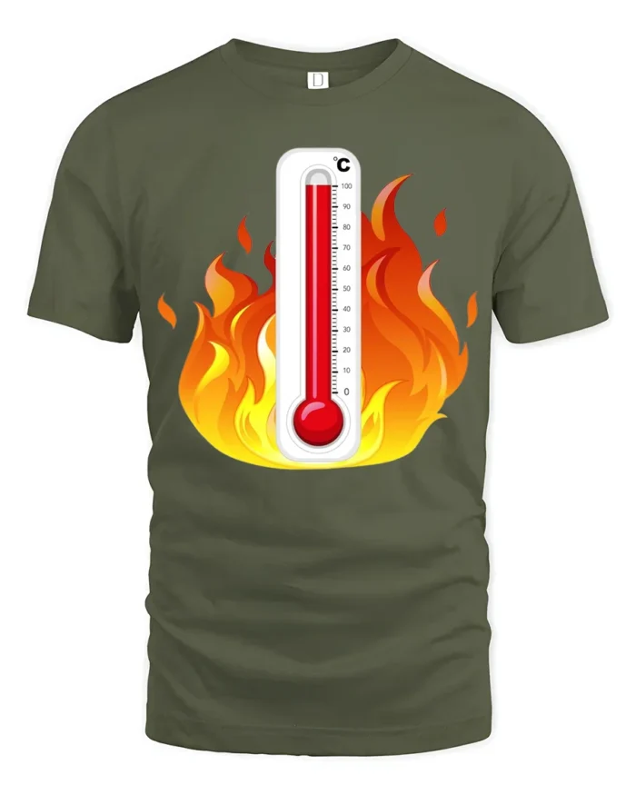 Hot Temperature Thermometer in Flames T-Shirt - military green t-shirt on white background