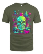 Neon Skull Garden T-Shirt Vibrant Skull Plant - military green t-shirt on white background