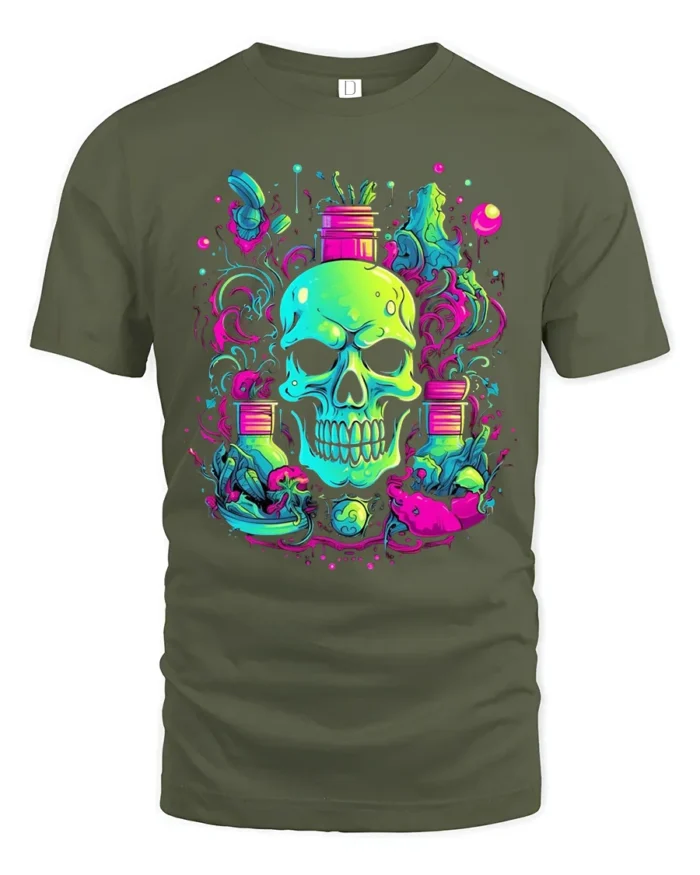 Neon Skull Garden T-Shirt Vibrant Skull Plant - military green t-shirt on white background