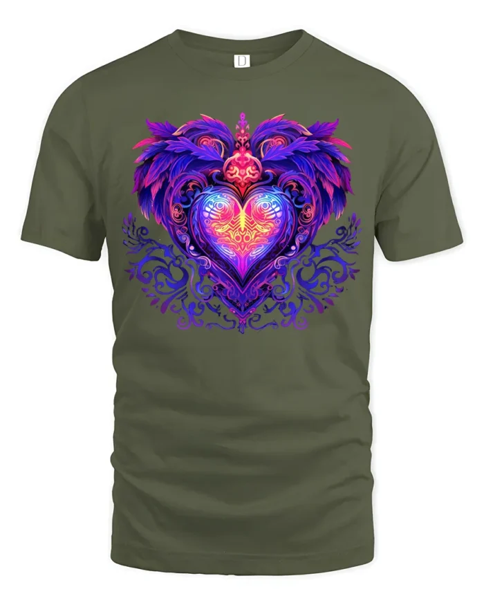 Mystic Heart Tee Intricate Colorful Heart Design - military green t-shirt on white background