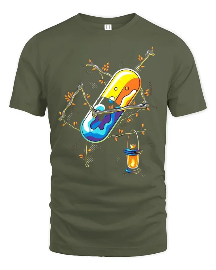 Enchanted Pill T-Shirt Whimsical Capsule Lantern - military green t-shirt on white background
