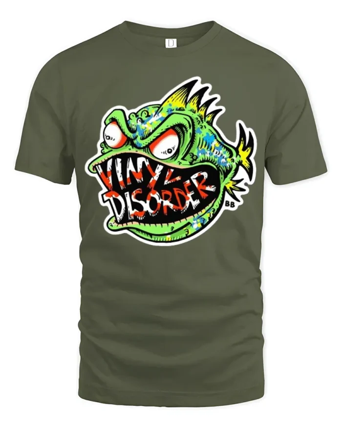 Vinyl Disorder Fish Funny Angry Fish T-Shirt - military green t-shirt on white background