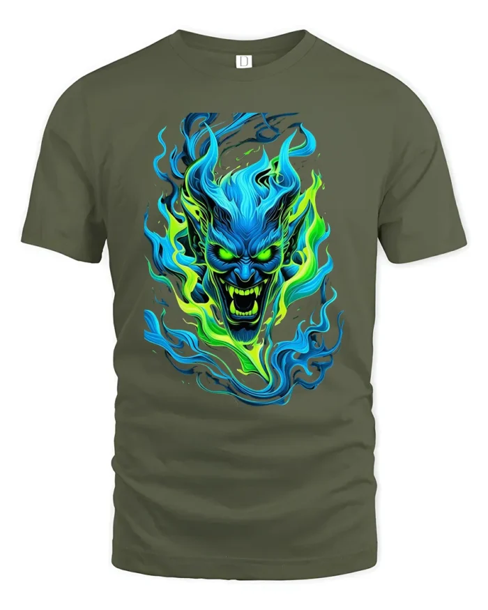 Neon Demon Face Colorful Monster Graphic T-Shirt - military green t-shirt on white background
