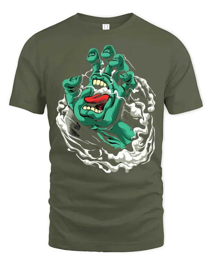 Santa Cruz Hand Iconic Skate T-Shirt Now - military green t-shirt on white background