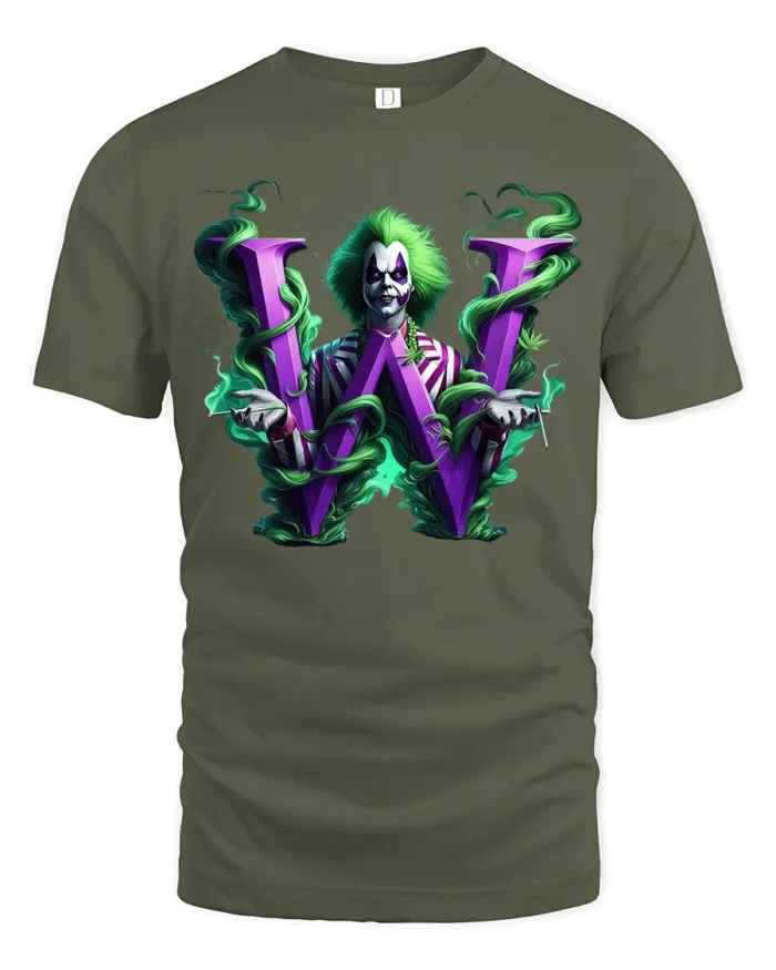 Mysterious W Joker  Unique Villain Letter Shirt - military green t-shirt on white background