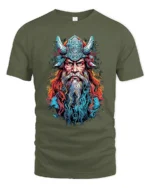 Viking Warrior Colorful Norse Mythology T-Shirt - military green t-shirt on white background